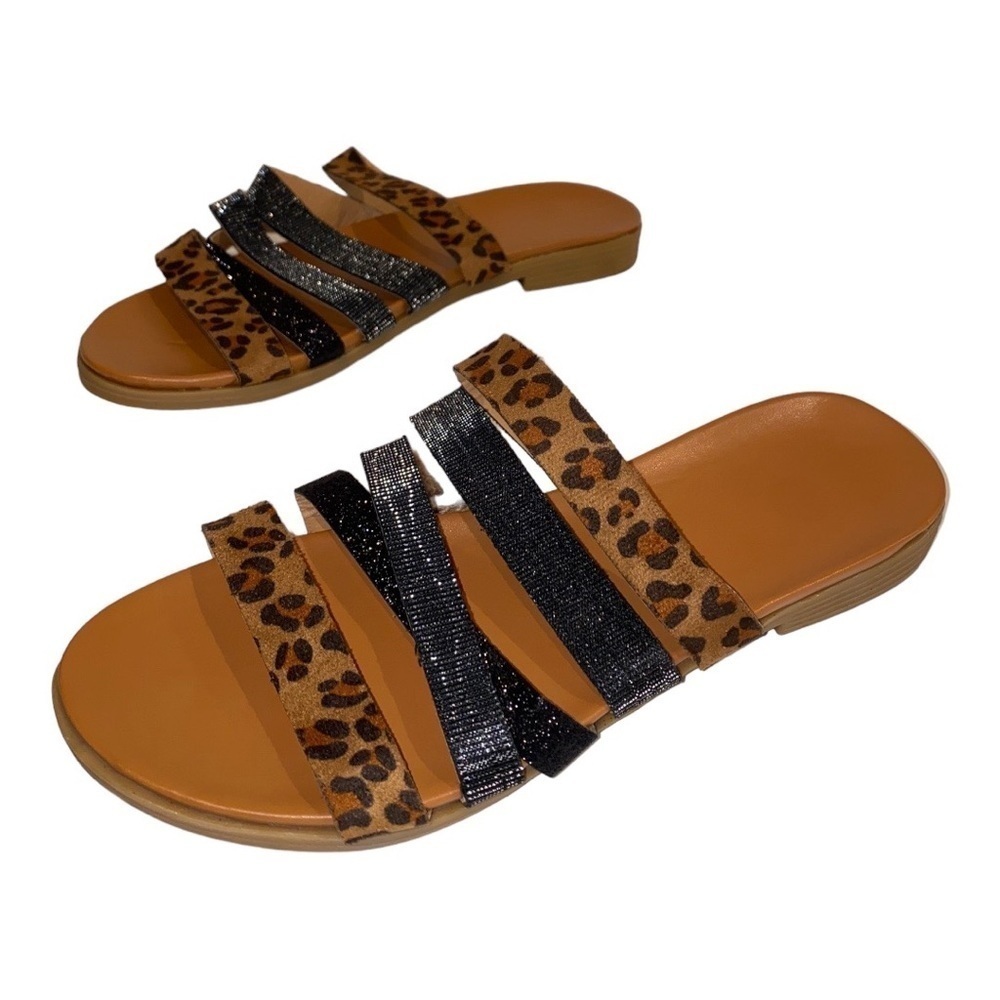 Roman Style Leopard Print Black Glitter‎ Sandals